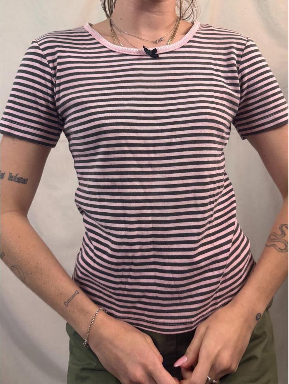 Pink & Black Striped Baby Tee (Color Transfer / Dyed Effect)